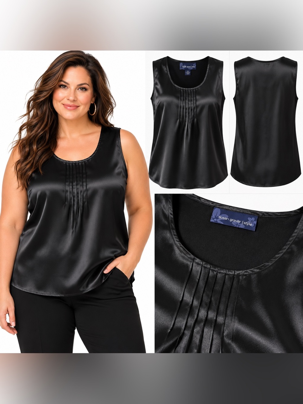 Susan Graver XL Black Satin Pintuck Sleeveless Blouse